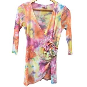 y2k mesh floral tie dye wrap top with rosette, medium